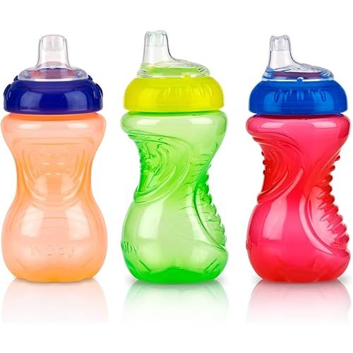Nuby No-Spill Easy Grip Cup, 10 Ounce (Red/Green/Orange) 3 Pack, Multi (539856)