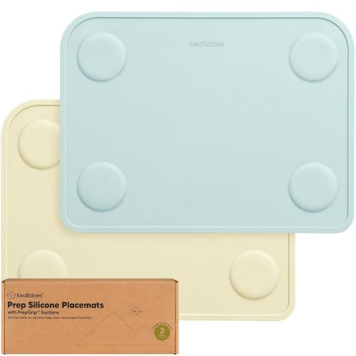 KeaBabies 2-Pack Silicone Placemats for Toddlers - Non Slip Suction Baby Silicone Placemat for Kids, Eating/Feeding,Easy to Clean,Busy Travel Baby Mat for Dining Table,Food Grade/BPA-Free (Pastel Sky)