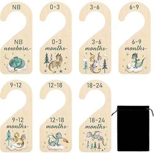 R HORSE Wooden Baby Closet Dividers - 8Pcs Dragon Baby Closet Organizer, Double-Sided Newborn Clothes Size Hanger Dividers, Nursery Decor Birthday Gift for Boy Girl (0-24 Months)
