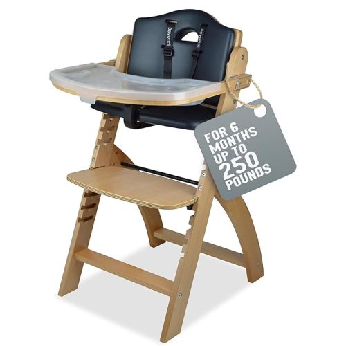 Abiie Beyond Junior Wooden High Chair with Tray-Natural Wood/Black Cushion