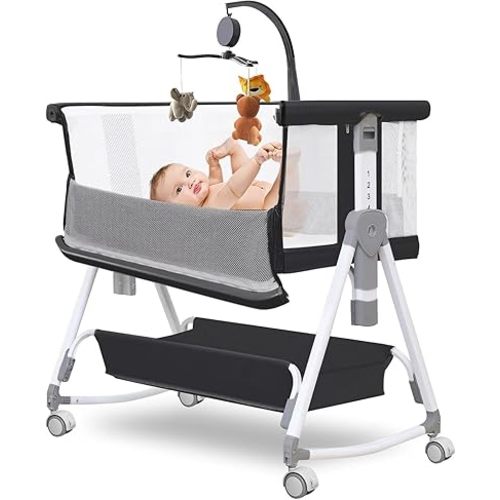 Baby Bassinet Bedside Crib, 3 in 1 Baby Bassinet Bedside Sleeper with Musical Toy, Adjustable Portable Crib All Mesh Bedside Bassinet with Storage Basket, Black