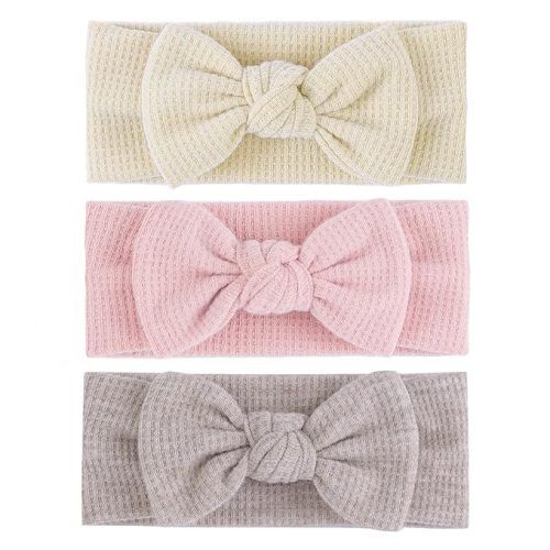Lanmerry Baby Girls Waffle Headbands with Bows Elastics Handmade Hair Accessories Newborn Infant Toddler Hairbands and Bows Headwrap Kids Beige Light Khaki Light Pink