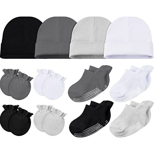 12 Pieces Baby Hats Mittens and Socks Set Newborn Hats Infant Caps No-Slip Ankle Socks