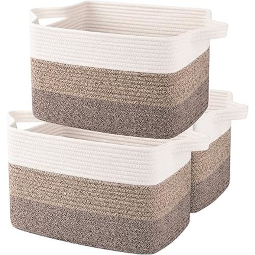 OIAHOMY Storage Basket, Woven Baskets for Storage, Cotton Rope Basket for toys,Towel Baskets for Bathroom - Pack of 3, Gradient Dark Brown