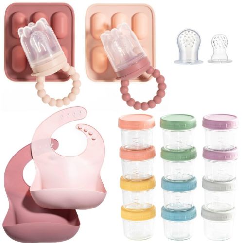 Baby Feeding Set, Silicone Baby Fruit Feeders, Baby Bibs & 12-Piece Glass Baby Food Storage Containers w/ Lids. Baby Must-Have, BPA-Free Easy to Clean