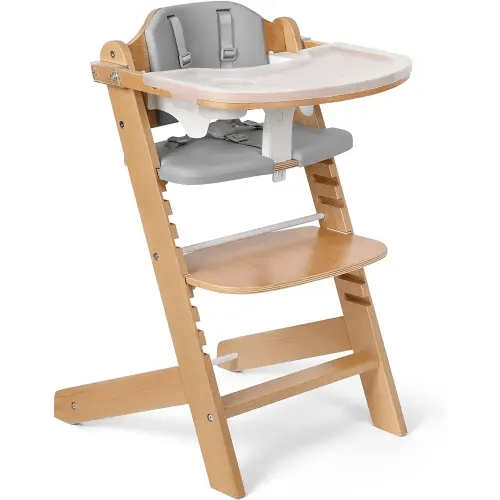 Cowiewie 3-in-1 Convertible Natural Wooden High Chair for Babies & Toddlers 3-Tier Remove & 2 Adjustable Wood Tray & 8 Levels Adjustable, 2 Waterproof Cozy Cushions Grey
