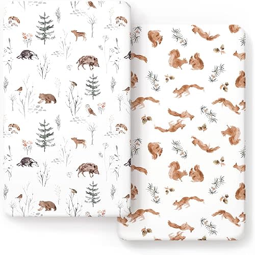Stretch Ultra Soft Jersey Knit Fitted Crib Sheets Set 2 Pack,Fit All Standard Crib Mattress Pads Safe and Snug, Crib Fitted Sheet for Baby, Cute Jungle Squirrels and Animals