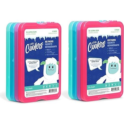 Cool Coolers by Fit & Fresh, Reusable & Long-Lasting XL Slim Ice Packs, Cold Packs for Cooler,Freezer Packs for Lunch Boxes Cooler Accessories for Lunch, Camping, Beach, and Work, 8PK, Multicolored