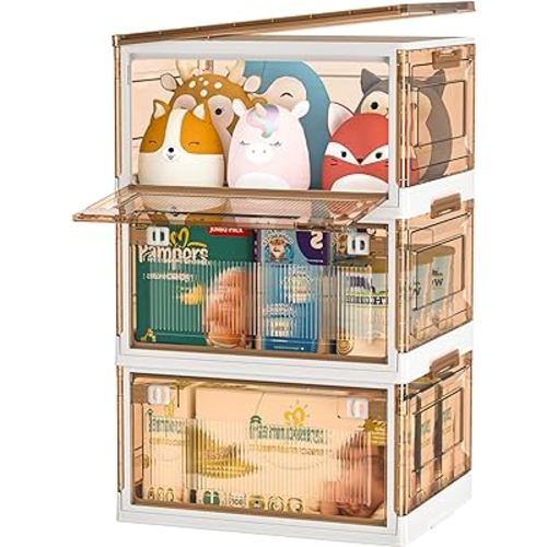 Kmiectse Clear Storage Bin with Lid 3 Pack 【Stackable & Sturdy】 Plastic Bins for Storage, Multifunctional Folding Storage Bins for Bedroom, Living Room, Study, Toy Room, 30 QT Folding Box with door