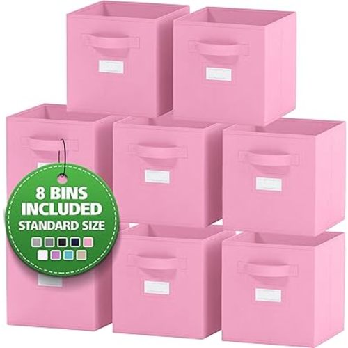 Fabric Storage Cubes for Cube Storage Organizer - 8 Pack Heavy Duty Pink Storage Bins With Labels - 11 Inch Cube Storage Bin, Use As Clothes Storage Baskets For Shelves Or Closet Storage Organizer