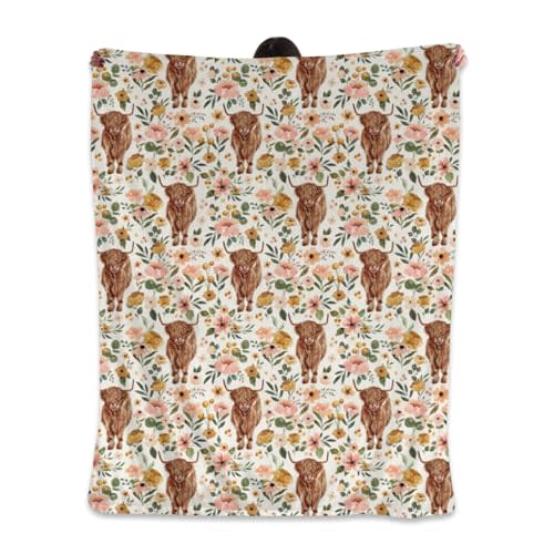 Highland Cow Baby Blanket for Girls, Cute Highland Cow Baby Stuff Nursery Decor Gifts, Floral Warm Soft Flannel Receiving Blankets Baby Girl 40"x30"