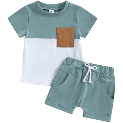 Karwuiio Toddler Baby Boy Summer Outfit Short Sleeve T-Shirt Tops Elastic Waist Shorts Set Baby Boys Clothes