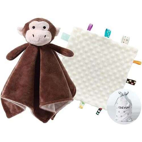 CREVENT Cozy Plush Baby Security Blanket, Loveys for Baby Girls and Boys, Birthday (Monkey+Tag)
