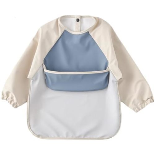GZMM Waterproof Baby Bibs,Infant Toddler Long Sleeve Feeding Bib With Food Catcher,Wipe Clean & Washable