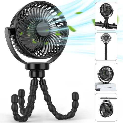 Uoune 4" Portable Baby Stroller Fan USB Rechargeable Clip Tripod Fan, Black