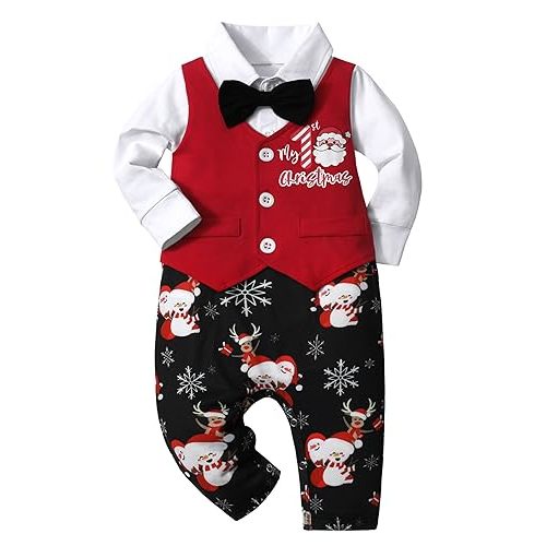 AGAPENG Baby Boy Christmas Outfit My First Christmas Gentleman Onesie Long Sleeve Romper Jumpsuit Vest with Bow Tie
