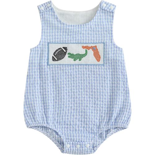 Baby Girl Boy Football Outfit College Football Bubble Romper Sleeveless Plaid Overalls Bodysuit Game Day Clothes