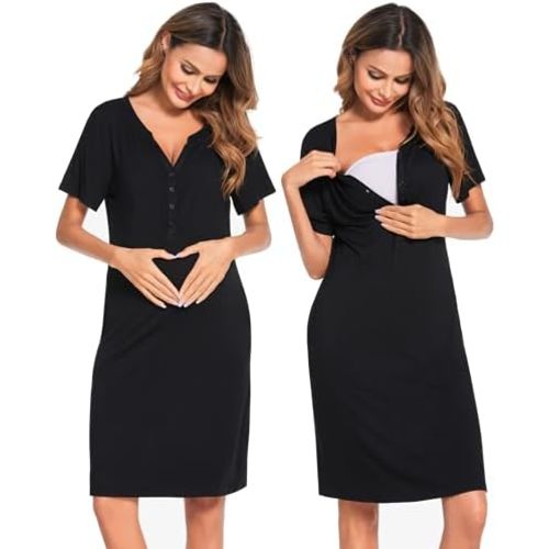 Ekouaer Nursing Nightgown Striped Women Short Sleeve Breastfeeding Sleep Dress Maternity Delivery/Labor Gown