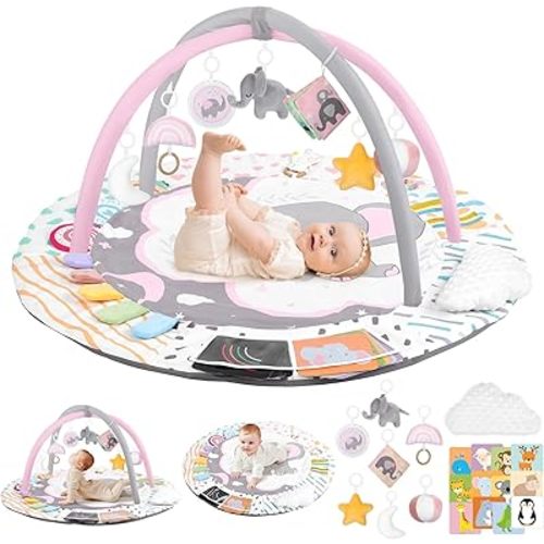Baby Play Gym & Activity Mat, 4-in-1 Tummy Time Mat with Support Pillow, 7 Detachable Sensory Toys & Educational Cards for Motor Skills Development, Newborn Essentials Shower Gift, Pink Elephant