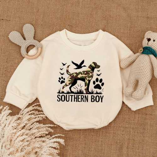 Southern Boy Hunting Romper Sweatshirt, Retro Hunting Dog, Adventure Baby Shower Gift, Toddler Clothes, Camouflage Baby Clothes, Newborn