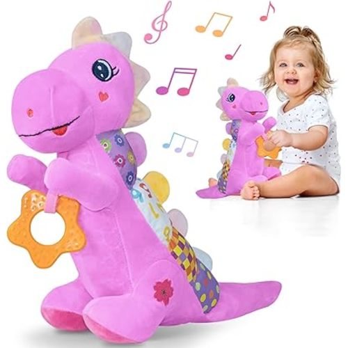 Jouets musicaux en peluche pour bébé de 0 à 3 à 6 à 12 mois, jouets en peluche d'activité avec hochet, anneau de dentition et textures, jouets cadeaux pour bébé fille, dinosaure (violet)