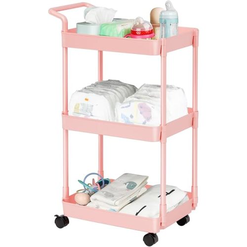 Baby Diaper Caddy – Plastic Diaper Organizer for Nursery Essentials, Movable Cart for Changing Table & Crib, Easy to Assemble, Pink