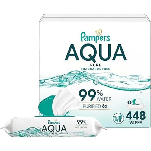 Pampers Aqua Pure Baby Wipes, 99% Water, Fragrance Free, 448 Baby Wipes Total (8X Flip-Top Packs) [Packaging May Vary]