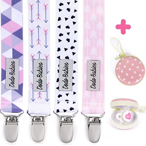 Pacifier Clip by Dodo Babies Pack of 4 + Pacifier Case, Premium Quality for Girls Modern Designs Universal Holder Leash for Pacifiers, Teething Toy or Soothie, Baby Shower Gift Set - Purple/Pink/White