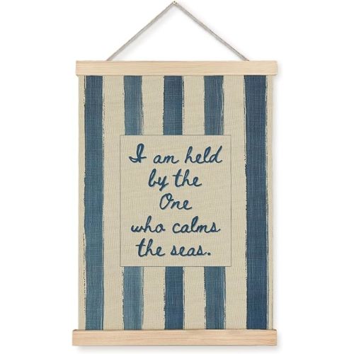 Yomisex Inspirational Christian Coastal Wall Art Poster, I Am Held By The One Who Calms The Seas Blue Beige Stripe Christian Ocean Beach Bible Verse Wall Art Framed for Home Church Decor, 12x16 Inch