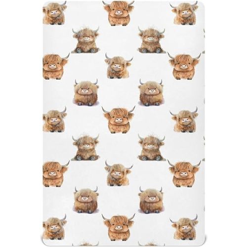 Cute Highland Cow Pattern Crib Sheet for Boys Girls Stretch Baby Toddler Crib Fitted Sheets Soft Baby Mattress Cover Bed Sheet for Unisex Newborn Crib Mattress S