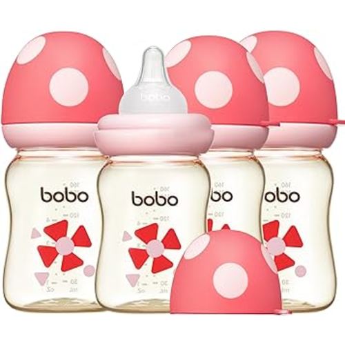 YOHKOH PPSU Baby Bottle Wide Neck, Newborn Anti-Colic Baby Bottle with Natural Response Nipple, Streamlined Body, Easy to Clean (5.4oz (Pack of 4), Red)