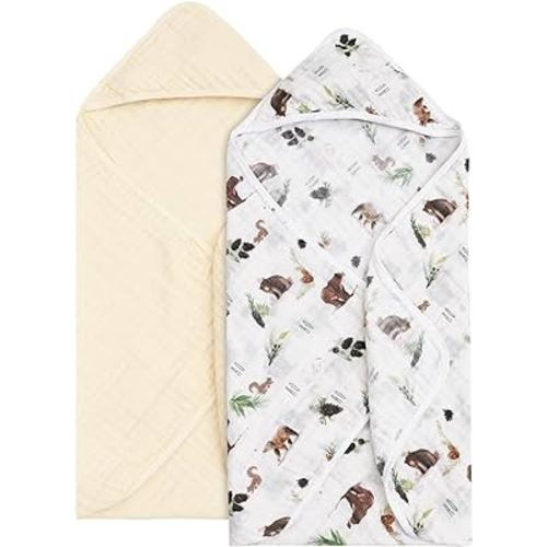 david's kids 2 Pack Hooded Baby Towels, 100% Muslin Cotton Baby Bath Towels, Ultra Soft Breathable Absorbent Towels for Infant Toddler and Kids, Newborn Essentials, Large 32x32Inch, Woodland Animals