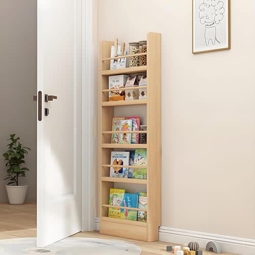 IEHFDCA Wooden 3/4/5/6 Tier Behind The Door Bookshelf, Tall Narrow Floor Standing Bookcase, Space-Saving Storage Organizer for Books, Bedroom, Living Room, Office Wood Color 19.7x3.9x57.1