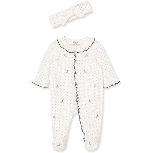 Little Me Clothes for Baby Girls 100% Cotton 2Pc Zipper Closure Footie and Headband Set, Baby Essentials