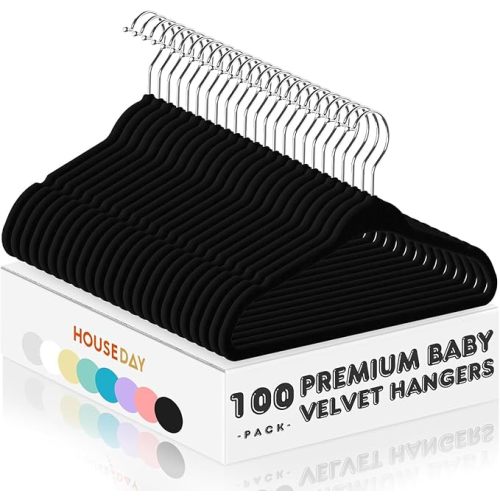 HOUSE DAY 11 Inch Velvet Baby Hangers 100 Pack Black, Premium Kids Hangers for Children, Infant & Toddler Clothes, Durable Non Slip Small Baby Felt Hanger for Closet, Ideal for Everyday Use