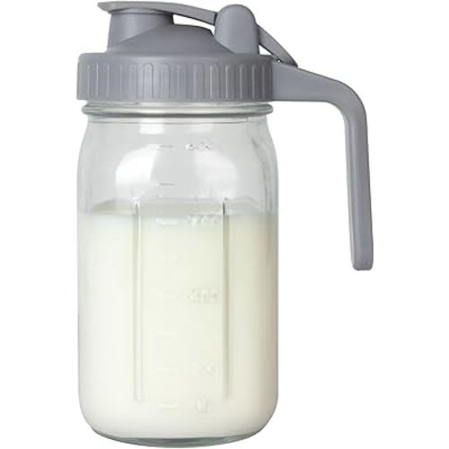 Breast Milk Pitcher, Mason Jar 32 oz, Heavy Duty Wide Mouth Jar with Flip Cap Lid and Pour Spout - Airtight Seal for Freshness and Convenience - Great for Cold Beverages, and Home Entertaining