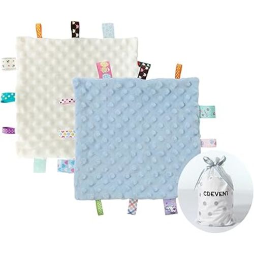 CREVENT Tag Security Blankets for Babies, Soft Small Loveys for Boys, Baby Comforter Sensory Blanket, Great Gifts for Birthday Baby Shower (10"X10" Blue + Ivory Tag)