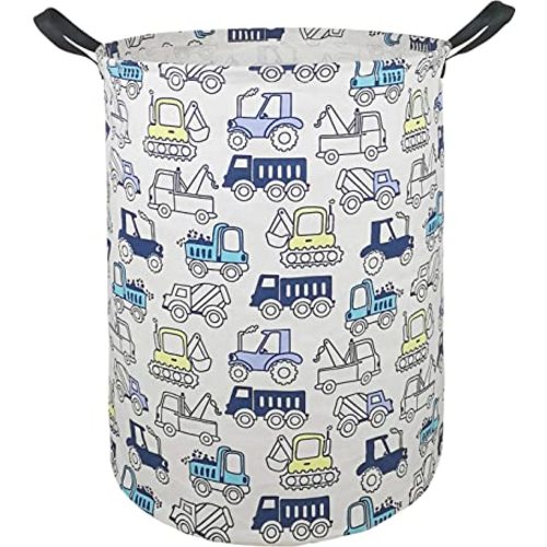 19.7" Round Laundry Basket Laundry Hamper with Handles,Toys Storage Organizer Gift Bins for Boys and Girls,Room Decorate (Engineering vehicle)