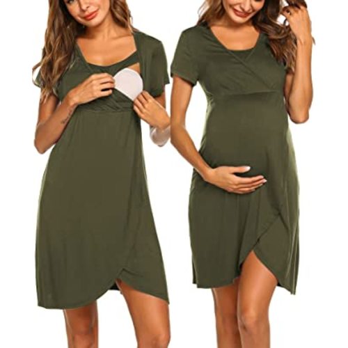 Ekouaer Nursing Nightgown 3 In 1 Maternity Nightgown Short Sleeve Nursing Gown Breasfeeding Sleepwear Delivery Dress