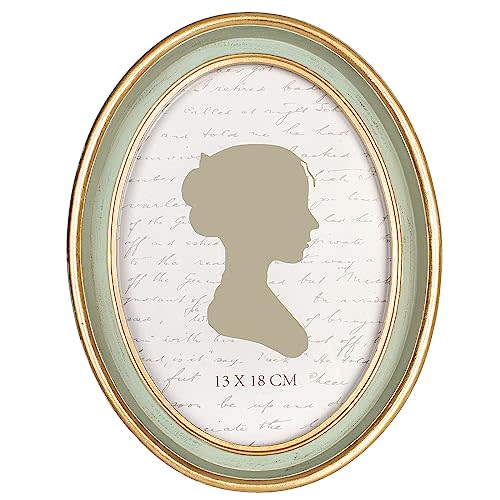 AELS 5x7 Inch Vintage Picture Frame, Elegant Antique Photo Frames with Glass Front, Photo Display, Tabletop Wall Hanging, Gift Ideas, Oval Sage Green with Gold Trim