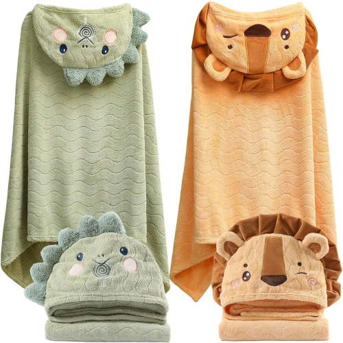 Cuopluber Baby Hooded Towel, 27.5"x 55" Infant Bath Towels with Hood, Toddler Towels Ultra Absorbent Soft Thick Coral Kids Bath Towel for Newborns, Infants, Toddlers (Dinosaur + Lion)