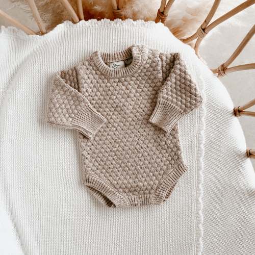 Lamb Long Sleeve Knit Romper - Fawn