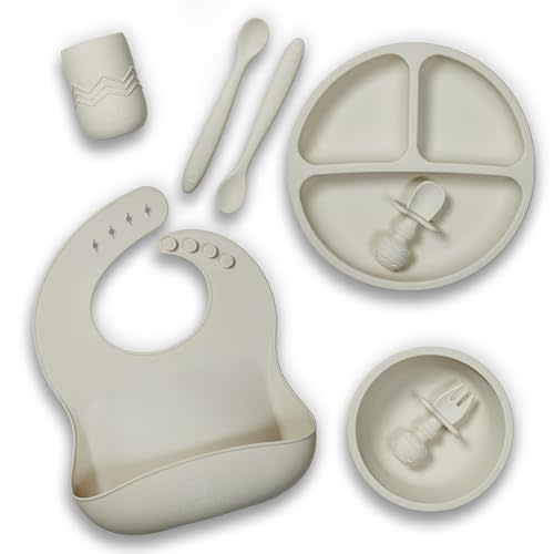 Silicone Baby Feeding Set, Baby Led Weaning Supplies - Suction Plate and Bowl, Self Feeding Spoon and Fork, 2 Bendable Spoons, Tiny Cup, Bib, First Stage Eating Utensils, Baby Dishes