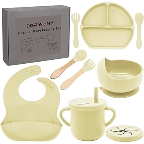 Dormlony 100% Silicone Baby Feeding Set,BPA Free Baby Dishes Set with Suction Bowl Divided Plate,Toddler Self Feeding Dish Set with Spoons Forks Sippy Cup and Bib, Baby Eating Utensils (Yellow)