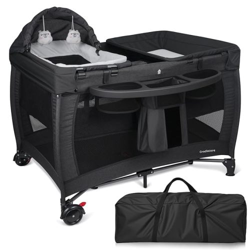 5 in 1 Pack and Play with Bassinet & Changing Table, Portable Foldable Playpen for Babies and Toddlers with Locking Wheels & Diaper Storage, Easy Fold Travel Playard (Black)