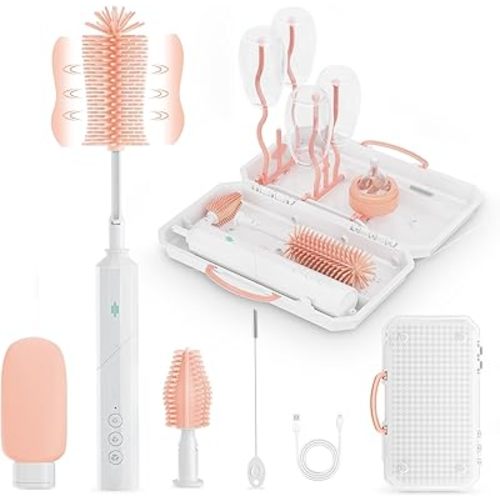 8-in-1 Electric Baby Bottle Brush Cleaner Set – Rechargeable, 3-Speed, 90° Rotating Handle, Waterproof, with Drying Rack & Travel Case, Pink