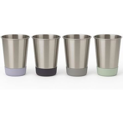 Elk and Friends Stainless Steel Kids + Toddler Drinking Cups | 12oz Tumblers with Colored Base | Durable + Stackable | Travel, Camping + Outdoors | Dishwasher Safe | 4 Pack