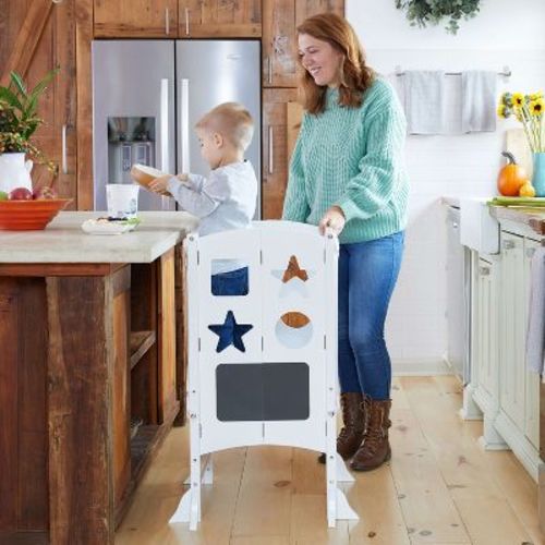 Guidecraft Classic Kitchen Helper Kids' Step Stool - White: Folding, Adjustable Kids Non-slip Learning Toddler Tower With Safe Keepers