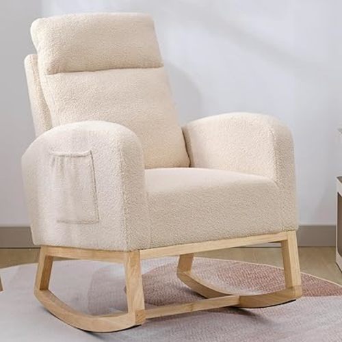 Nursery Rocking Chair with Solid Wood Legs, Glider Chair for Nursery with Side Pocket, Rocker Armchair for Living Room Bedroom (Beige, Teddy)