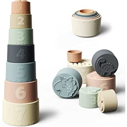 Moonkie Baby Stacking Cups Toy, Fun Educational Stack Up Cup Silicone Soft Teething Toy (Fine Day)